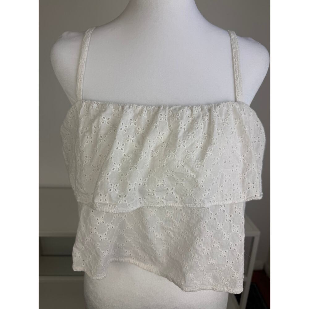 Ivy & Main Womens Eyelet Lace Ruffle Spaghetti Strap Boho White Crop Top Medium